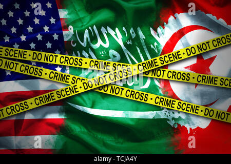 flags for 3 countries connected crime scene. case of murdered Saudi journalist who refuge in United state of america was kill in embassy Saudi Arabia  Stock Photo