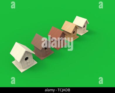 3d rendering of a brid house isolated in green studio background. Stock Photo