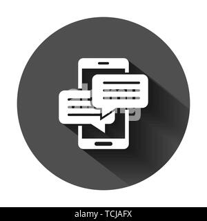 Mobile phone chat sign icon in flat style. Message notifications vector illustration on black round background with long shadow. Smartphone text busin Stock Vector