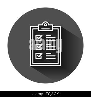 Checklist clipboard sign icon in flat style. Document list vector illustration on black round background with long shadow. Questionnaire notepad busin Stock Vector