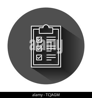 Checklist clipboard sign icon in flat style. Document list vector illustration on black round background with long shadow. Questionnaire notepad busin Stock Vector