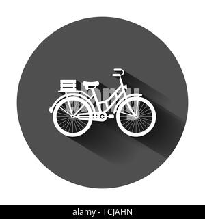 Bicycle sign icon in flat style. Bike vector illustration on black round background with long shadow. Cycling business concept. Stock Vector