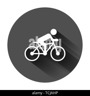 People on bicycle sign icon in flat style. Bike vector illustration on black round background with long shadow. Men cycling business concept. Stock Vector