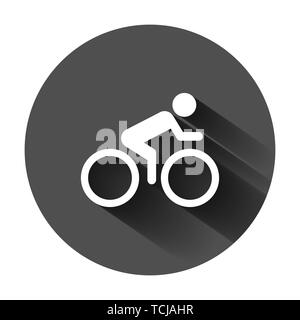 People on bicycle sign icon in flat style. Bike vector illustration on black round background with long shadow. Men cycling business concept. Stock Vector