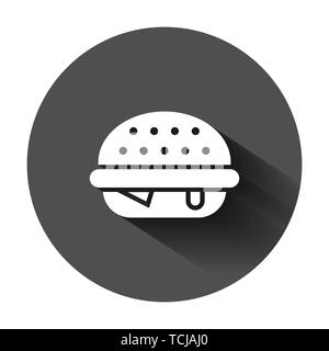 Burger sign icon in flat style. Hamburger vector illustration on black round background with long shadow. Cheeseburger business concept. Stock Vector