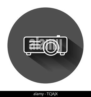 Video projector sign icon in flat style. Cinema presentation device vector illustration on black round background with long shadow. Conference busines Stock Vector
