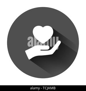 Heart care icon in flat style. Charity vector illustration on black round background with long shadow. Love in hand business concept. Stock Vector