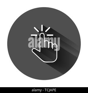 Click mouse icon in flat style. Pointer vector illustration on black round background with long shadow. Hand push button business concept. Stock Vector