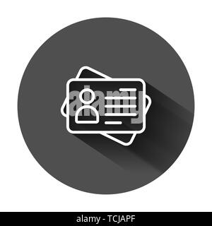 Id card icon in flat style. Identity tag vector illustration on black round background with long shadow. Driver licence business concept. Stock Vector
