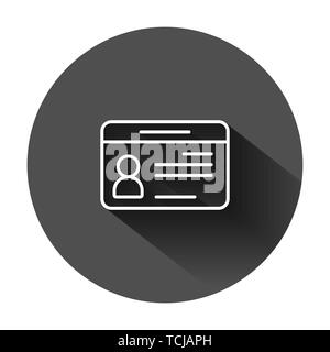 Id card icon in flat style. Identity tag vector illustration on black round background with long shadow. Driver licence business concept. Stock Vector