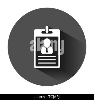 Id card icon in flat style. Identity tag vector illustration on black round background with long shadow. Driver licence business concept. Stock Vector