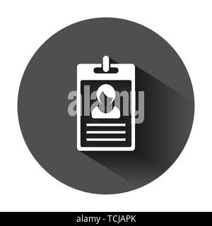 Id card icon in flat style. Identity tag vector illustration on black round background with long shadow. Driver licence business concept. Stock Vector