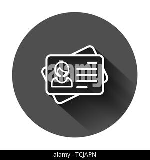 Id card icon in flat style. Identity tag vector illustration on black round background with long shadow. Driver licence business concept. Stock Vector