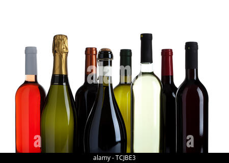 eight bottles of wine, champagne and prosecco, no labels, isolated on white Stock Photo