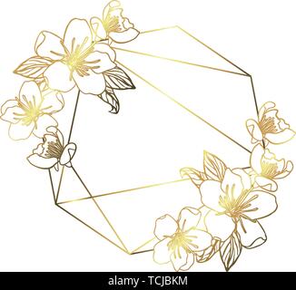 Botanical garland from apple flowers, vintage floral wreath with golden polygonal frame. isolated on white background. Stock vector illustration. Stock Vector