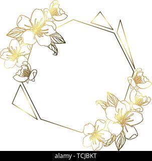 Botanical garland from apple flowers, vintage floral wreath with golden polygonal frame. isolated on white background. Stock vector illustration. Stock Vector