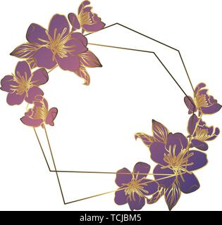 Botanical garland from apple flowers, vintage floral wreath with golden polygonal frame. isolated on white background. Stock vector illustration. Stock Vector