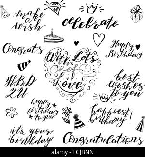 Hand lettering birthday wishes phrases set in black isolated on white background. Handwritten text. Stock vector illustration. Stock Vector