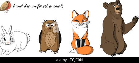 Set of cute animals isolated on white background.  red fox, owl, rabbit and bear. stock vector illustration Stock Vector