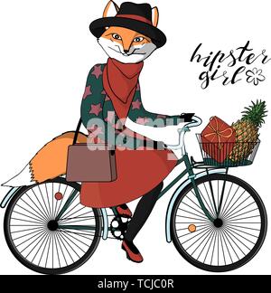 Beautiful young hipster girl with a fox head and tail in stylish vintage outfit riding vintage hipster bicycle with basket. isolated on white backgrou Stock Vector