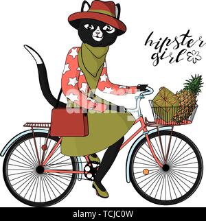 Beautiful young hipster girl with a cat head and tail in stylish vintage outfit riding vintage hipster bicycle with basket. isolated on white backgrou Stock Vector