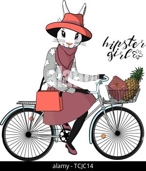 Beautiful young hipster girl with a bunny head and tail in stylish vintage outfit riding vintage hipster bicycle with basket. isolated on white backgr Stock Vector