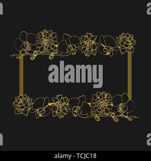 Hand drawn doodle style succulent and orchid flowers .golden rectangle wreath. floral design element. isolated on black background. stock vector illus Stock Vector