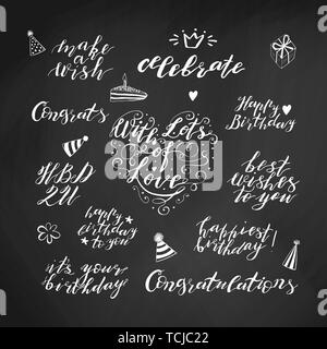 Hand lettering birthday wishes phrases set in white isolated on chalkboard background. Handwritten text. Stock vector illustration. Stock Vector