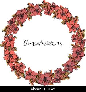floral design element wreath from cherry flowers, isolated on white background. hand lettering congratulations. stock vector illustration. Stock Vector
