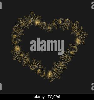 Hand drawn doodle style rose flowers heart golden wreath. floral design element. isolated on black background. stock vector illustration Stock Vector