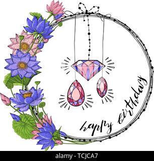 Greeting card with wreath from lotus flowers, diamond and gem stones, hand lettering happy birthday. Floral round decoration border, botanical design  Stock Vector