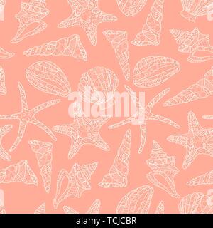 seamless pattern in zen art style with conch shells and starfish on pink background. stock vector illustration. black and white monochrome Stock Vector