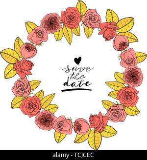 Hand drawn doodle style rose flowers wreath. floral design element. Stock Vector