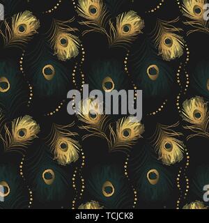 Seamless pattern from golden peacock feathers. stock vector Stock Vector