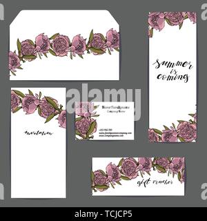 Corporate style templates with floral motifs on white background, violet peony flower decoration Stock Vector