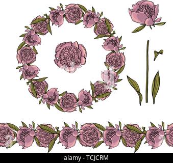 Hand drawn doodle style violet peony flower wreath and seamless brush. floral design element. Stock Vector