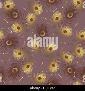 Seamless pattern from golden peacock feathers. stock vector Stock Vector