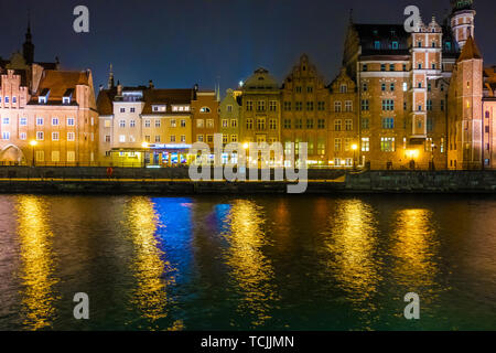 Gdansk, Poland - February 07, 2019: View of Gdansk's Main Town from the Motlawa River at night. Gdansk, Poland Stock Photo