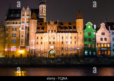 Gdansk, Poland - February 07, 2019: View of Gdansk's Main Town from the Motlawa River at night. Gdansk, Poland Stock Photo