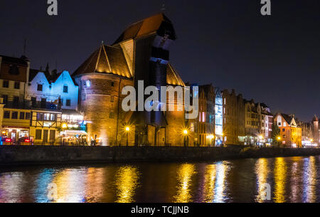 Gdansk, Poland - February 07, 2019: View of Gdansk's Main Town from the Motlawa River at night. Gdansk, Poland Stock Photo