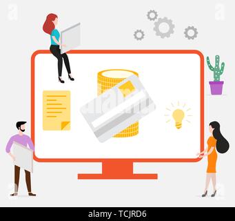 Vector illustration with people using online banking service. Growth of personal savings, profit and income. Finance. Use of banking technology. Desig Stock Vector