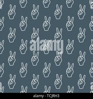 Seamless vector pattern with victory gesture. Two fingers raised up. Gesturing of peace and success. Design for textile, banner, poster or print. Stock Vector