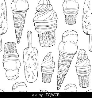 Vector seamless pattern. Endless texture with hand drawn eskimo pies and ice creams in waffle cones. Black and white.Background with ice creams Stock Vector