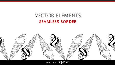 Vector seamless border of hand drawn ice creams in waffle cones. Vector elements isolated on a white background. Summer decorations. Endless Stock Vector