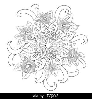 floral mandalaa stylized circular ornament. floral mandala. black-and-white drawing. coloring book for children and adults. page for artbook Stock Vector