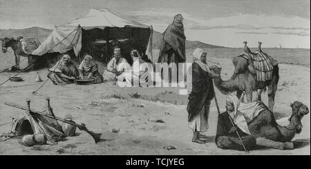 Tipos Egipcios. Un aduar de beduinos en el desierto. Grabado por Rico. La Ilustración Española y Americana, 22 de junio de 1882. Stock Photo