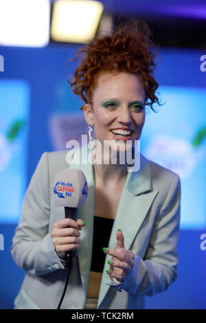 Jess Glynne in the on air studio during Capital's Summertime Ball. The world's biggest stars perform live for 80,000 Capital listeners at Wembley Stadium at the UK's biggest summer party. Stock Photo