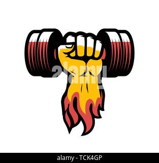 Arm with dumbbell. Gym club logo or label. Vector illustration Stock Vector