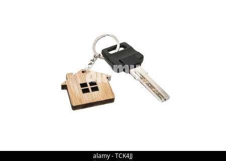 House keys with house shaped keychain, isolated on white background Stock Photo