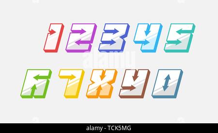 Numbers colourful set in 3d italic vintage style with arrows in speedy srtyle trendy typography consisiting of 1 2 3 4 5 6 7 8 9 0 for poster design o Stock Vector